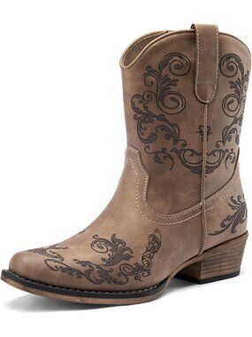 Women's Brown Faux Leather Western Cowgirl Square Toe Ankle Low Chunky Heels